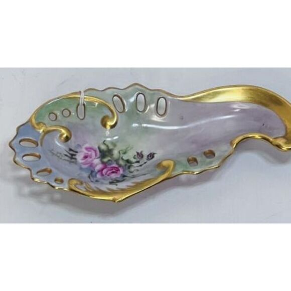 Vintage Trinket Dish Gold Rimmed Candy Flowers Scalloped Edged Asymmetrical - Picture 1 of 7